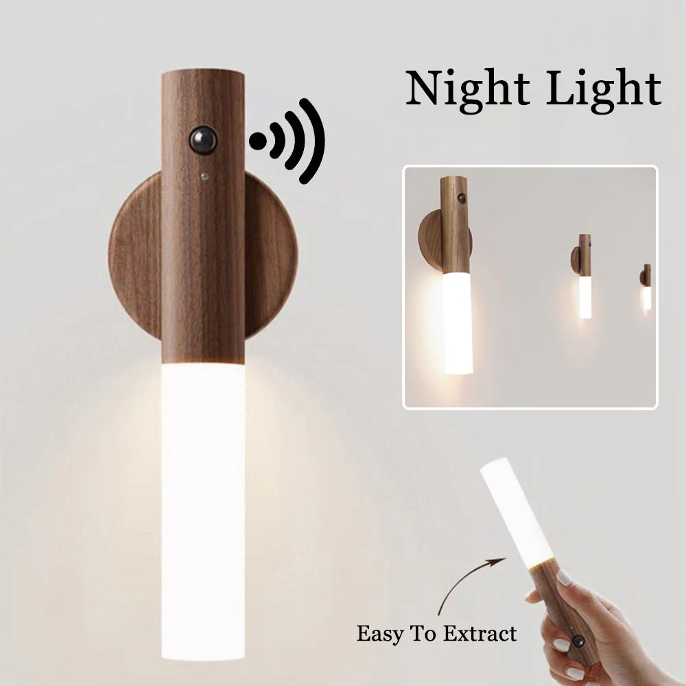 Auto LED USB Magnetic Wood Night Light Corridors Porch Lights PIR Motion Sensor 