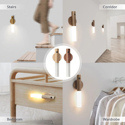 Auto LED USB Magnetic Wood Night Light Corridors Porch Lights PIR Motion Sensor 